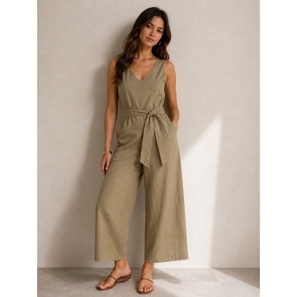 J.Crew Linen Cotton Wide Leg V-Neck Jumpsuit Khaki Tan Style A0418 Size 2